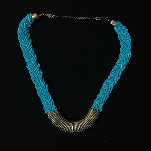 Jewelry - Vintage Boho Silver Tone + Turquoise Spring Blue Beads Rope Braids Bib Necklace